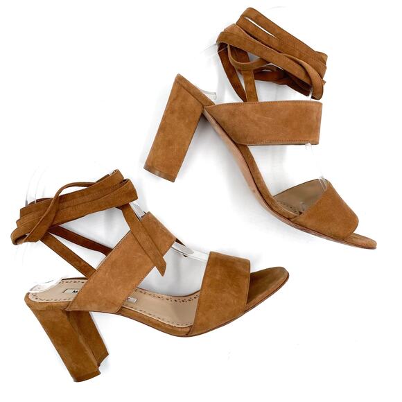 Manolo‎ Blahnik Khandala Suede Sandals Brown Ankle-Wrap Block Heel Sz 36.5 / 6.5 - Picture 6 of 9